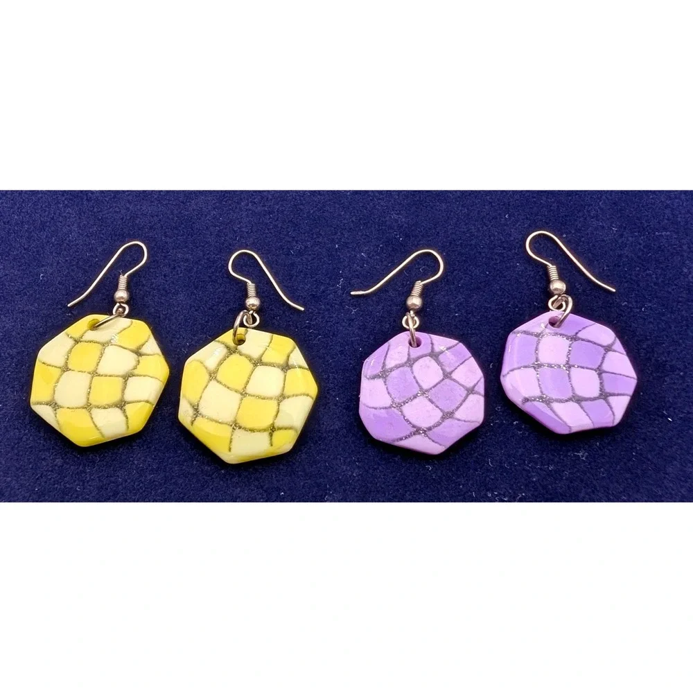 Handmade Polymer Clay Hexagon Earrings Yellow Purple Mosaic Grid Dangle Set 2pk